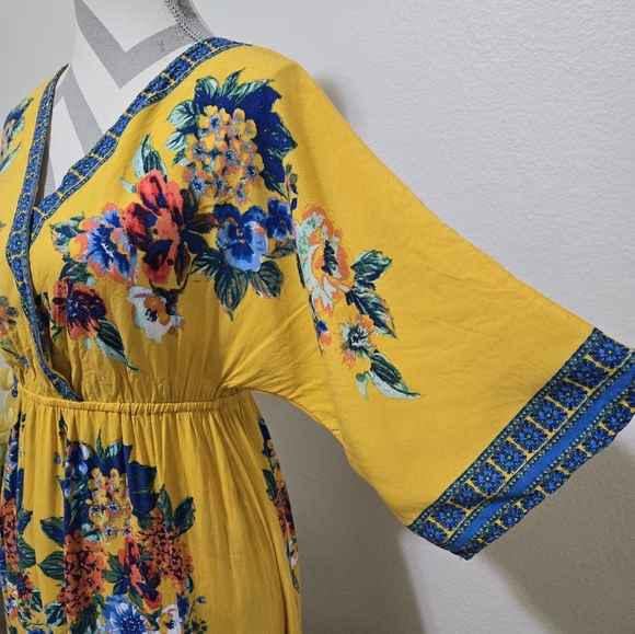 Flying Tomato Yellow Maxi Dress with Blue Peach Floral Print Size Large - Picture 4 of 11